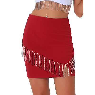 Sparkly Fringe Skirt For Women High Waist Split Mini Pencil Skirts