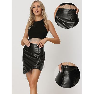 Leather Skirt For Women's Bead Chain Tassel High Waist Asymmetrical Hem Bodycon Short Skirts