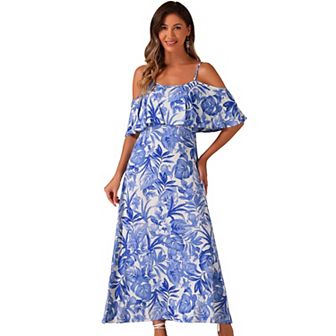 Tropical Dress For Women's Flare Sleeve Midi Off Shoulder Dress