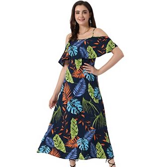 Tropical Dress For Women's Flare Sleeve Midi Off Shoulder Dress