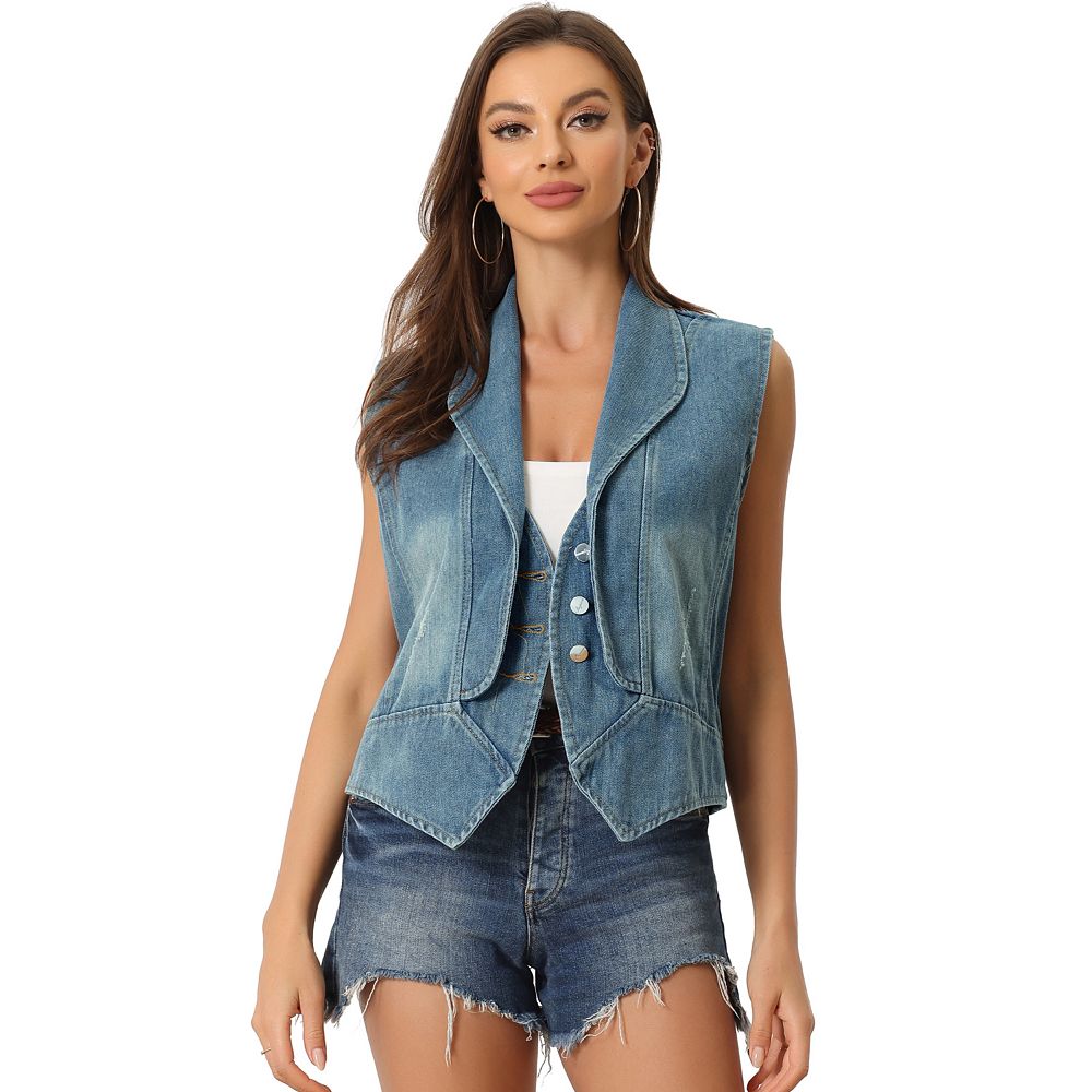 Women's Cropped Denim Vest - V Neck Button Down Sleeveless Jean Waistcoat