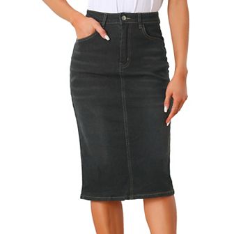 Casual Denim Skirt for Women High Waist Stretchy Midi Jean Skirts