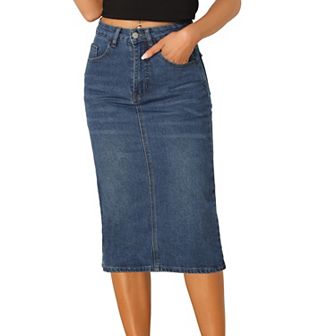 Casual Denim Skirt for Women High Waist Stretchy Midi Jean Skirts