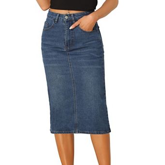 Casual Denim Skirt for Women High Waist Stretchy Midi Jean Skirts