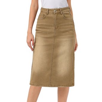 Casual Denim Skirt for Women High Waist Stretchy Midi Jean Skirts