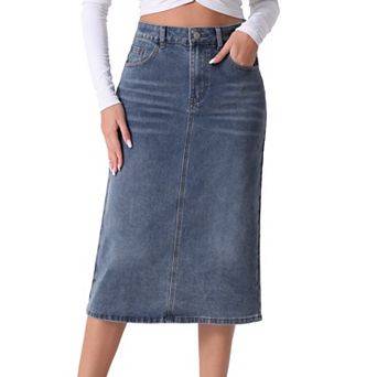 Casual Denim Skirt for Women High Waist Stretchy Midi Jean Skirts