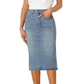 Casual Denim Skirt for Women High Waist Stretchy Midi Jean Skirts