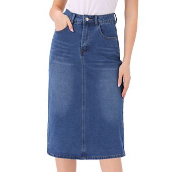 Casual Denim Skirt for Women High Waist Stretchy Midi Jean Skirts
