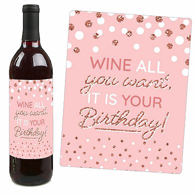 Big Dot Of Happiness Pink Rose Gold Birthday - Party Decor - Wine Bottle Label Stickers 4 Ct
