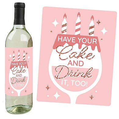 Big Dot Of Happiness Pink Rose Gold Birthday - Party Decor - Wine Bottle Label Stickers 4 Ct