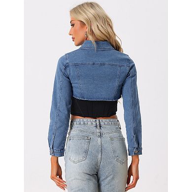 Jean Crop Top For Women's 2 Button Long Sleeve Cropped Denim Jackets
