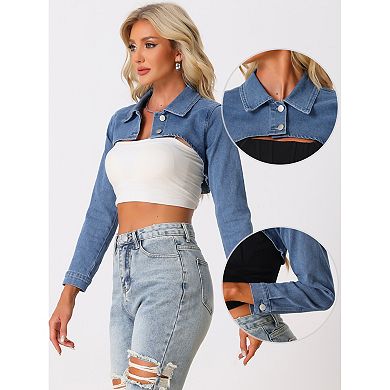 Jean Crop Top For Women's 2 Button Long Sleeve Cropped Denim Jackets