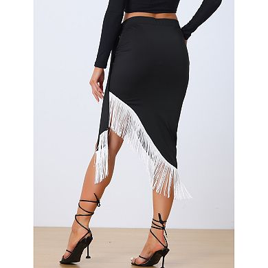 Fringe Trim Bodycon Skirt For Women Asymmetrical Ruched Tie Waist Party Midi Skirts