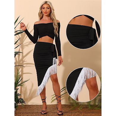 Fringe Trim Bodycon Skirt For Women Asymmetrical Ruched Tie Waist Party Midi Skirts
