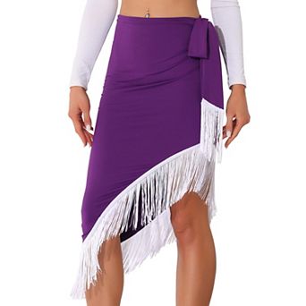 Fringe Trim Bodycon Skirt For Women Asymmetrical Ruched Tie Waist Party Midi Skirts