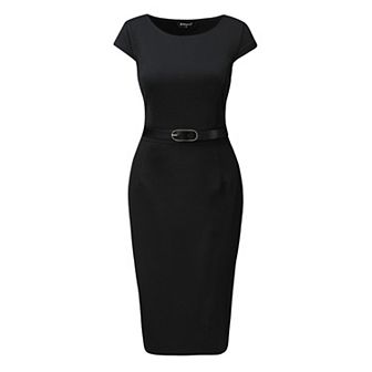 Office Dress For Women's Cap Sleeve Work Belted Elegant Sheath Dress