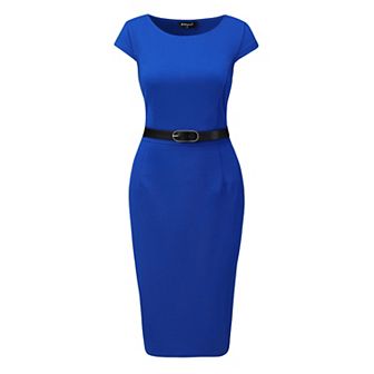Office Dress for Women's Cap Sleeve Work Belted Elegant Sheath Dress