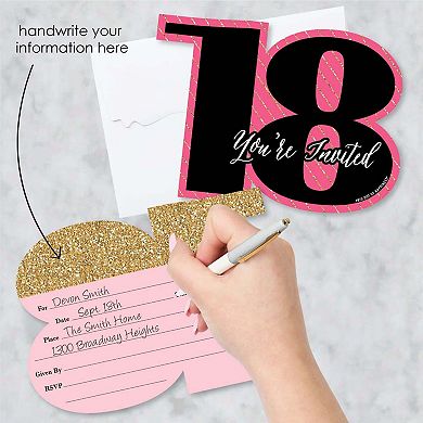 Big Dot Of Happiness Chic 18th Birthday Pink & Gold Shaped Fill-in Invites & Envelopes 12 Ct