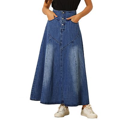 Casual Denim Skirt For Women s High Waisted A line Flared Maxi Skirts