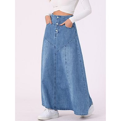 Casual Denim Skirt For Women's High Waisted A-line Flared Maxi Skirts