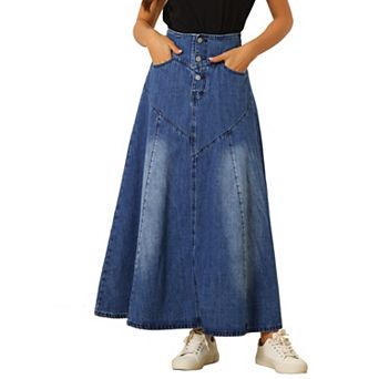 Casual Denim Skirt for Women's High Waisted A-Line Flared Maxi Skirts
