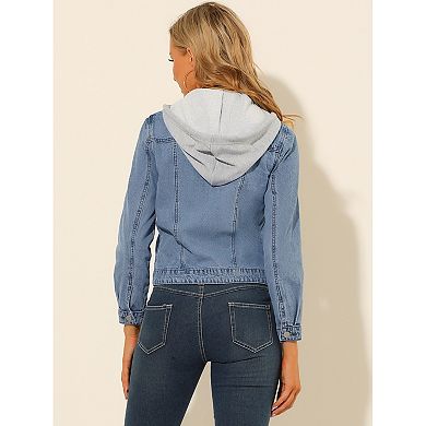 Women's Removable Hood Jean Jacket Button Up Layered Drawstring Denim Jackets