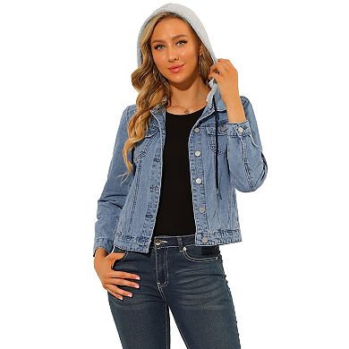 Women's Removable Hood Jean Jacket Button Up Layered Drawstring Denim Jackets