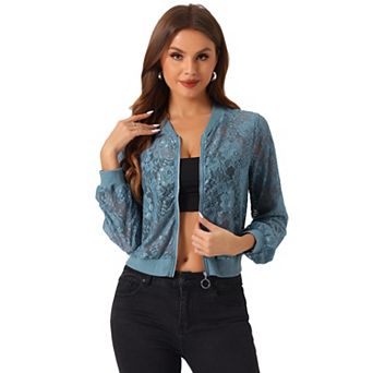 Lace Jackets For Women's Stand Collar Zip Up Mesh Sheer Bomber Jacket