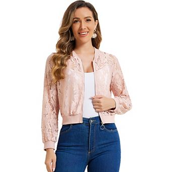 Lace Jackets For Women's Stand Collar Zip Up Mesh Sheer Bomber Jacket