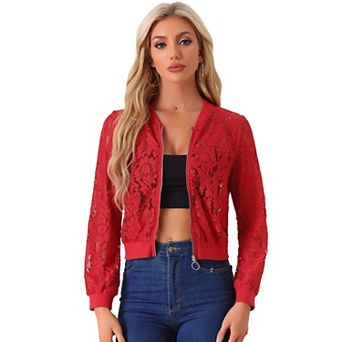 Lace Jackets For Women's Stand Collar Zip Up Mesh Sheer Bomber Jacket