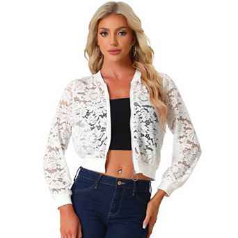 Lace Jackets For Women's Stand Collar Zip Up Mesh Sheer Bomber Jacket