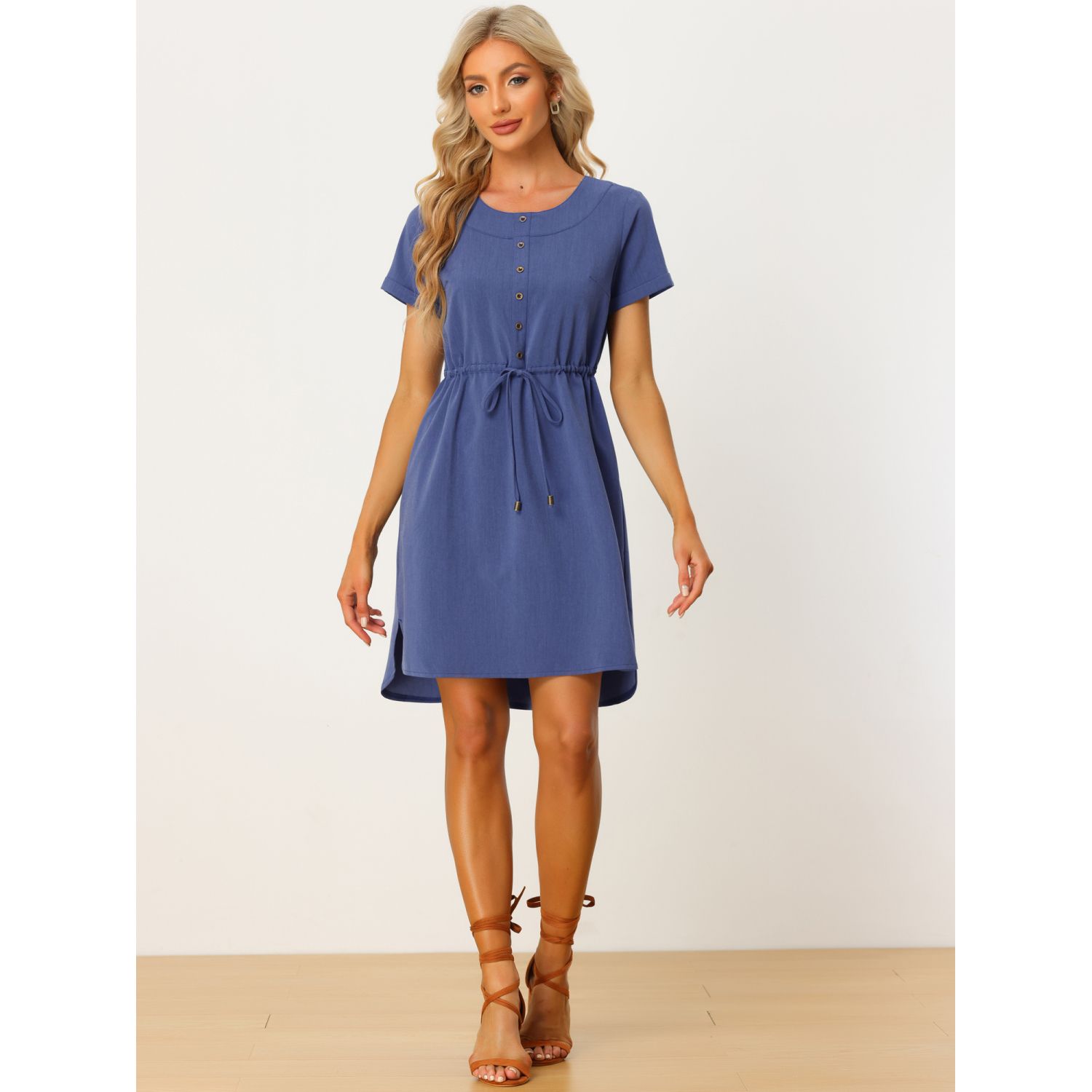 Women's Denim Midi Shirt Dress - Short Sleeve Button-Down With Pockets & Belt, Below Knee Length - View #9