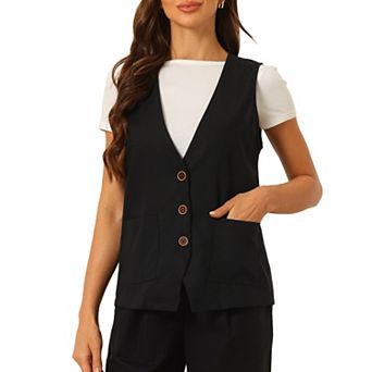 Button Down Vest For Women Linen Sleeveless V Neck Summer Waistcoat