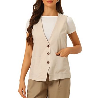 Button Down Vest For Women Linen Sleeveless V Neck Summer Waistcoat