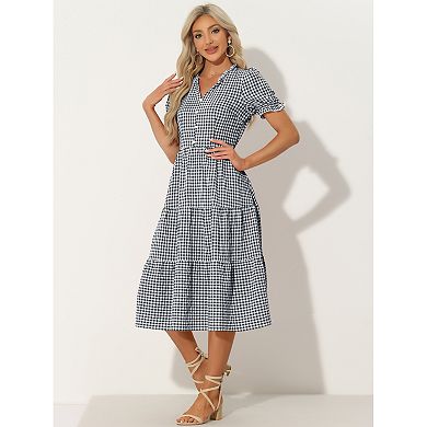 Gingham Dress For Women's Summer Ruffle Trim V Neck Button Decor Dress