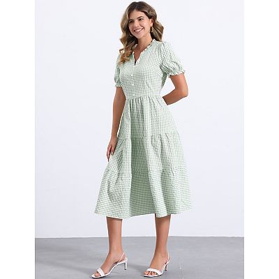 Gingham Dress For Women's Summer Ruffle Trim V Neck Button Decor Dress