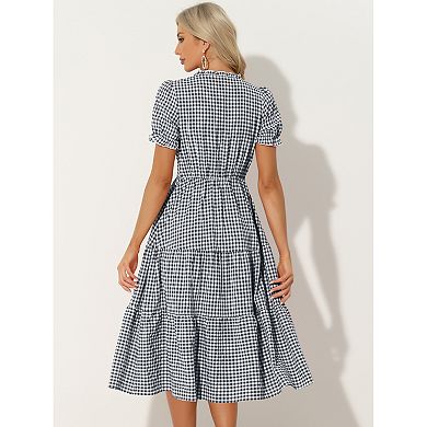 Gingham Dress For Women's Summer Ruffle Trim V Neck Button Decor Dress
