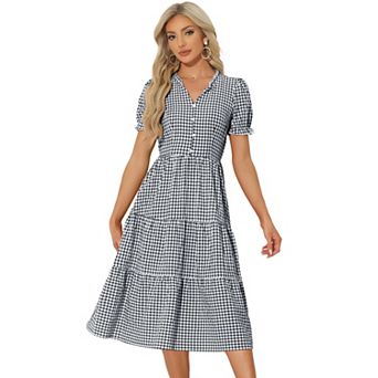 Gingham Dress For Women's Summer Ruffle Trim V Neck Button Decor Dress