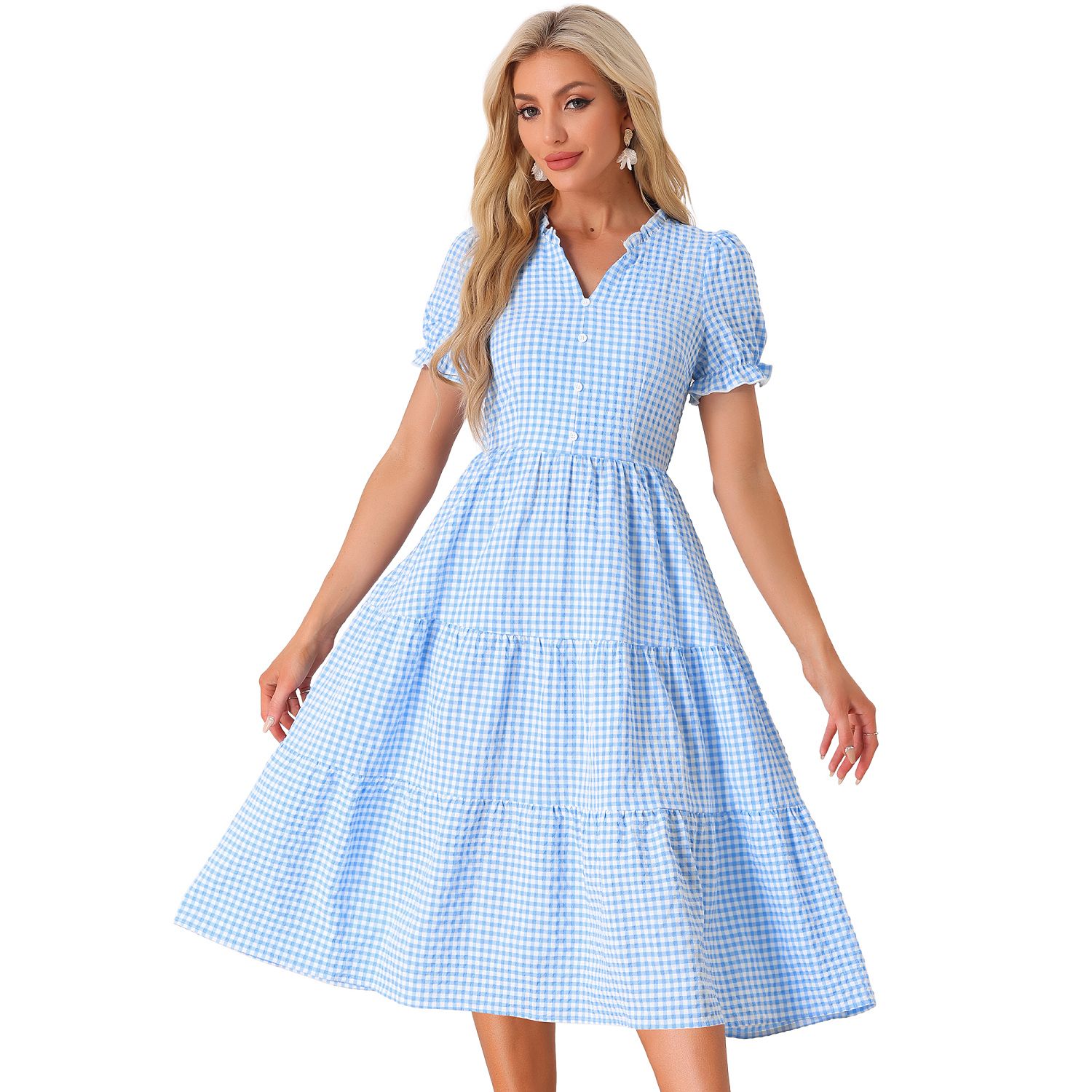 Gingham Dress, Ruffle Trim V Neck 