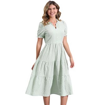 Gingham Dress For Women's Summer Ruffle Trim V Neck Button Decor Dress