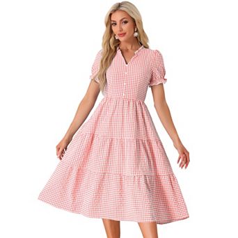 Gingham Dress For Women's Summer Ruffle Trim V Neck Button Decor Dress