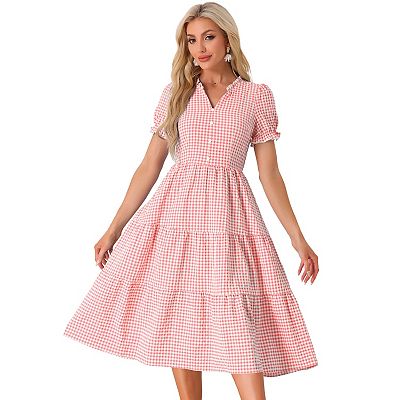 Allegra K Ruffle Trim V Neck Button Decor Plaid Gingham Tiered Midi Dress, Red / XL