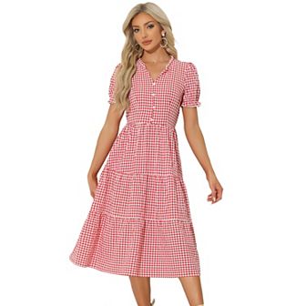Gingham Dress For Women's Summer Ruffle Trim V Neck Button Decor Dress