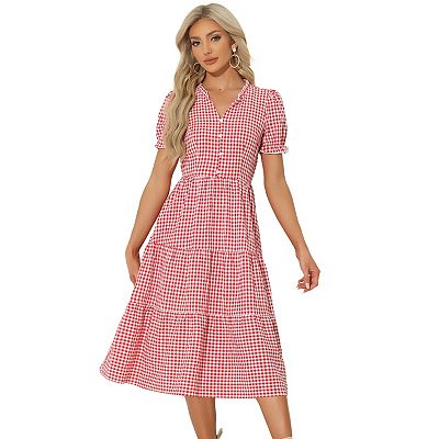 Gingham Dress For Women s Summer Ruffle Trim V Neck Button Decor Dress