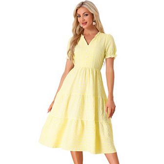 Gingham Dress For Women's Summer Ruffle Trim V Neck Button Decor Dress