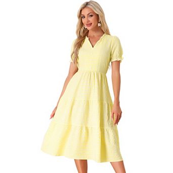 Gingham Dress For Women's Summer Ruffle Trim V Neck Button Decor Dress