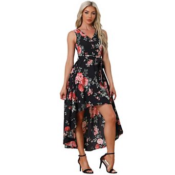 Maxi Dress for Women Casual V Neck Floral Print Belt Sleeveless Long Dresses