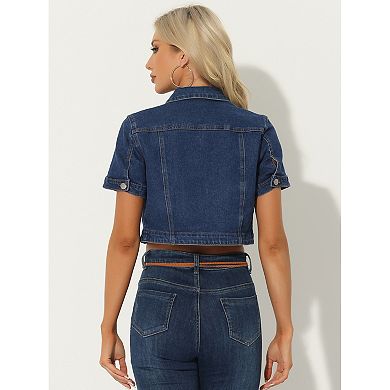 Casual Denim Jacket For Women's Turndown Collar Short Sleeves Crop Jean Jackets