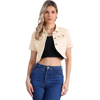 Casual Denim Jacket for Women's Turndown Collar Short Sleeves Crop Jean Jackets