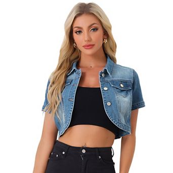 Casual Denim Jacket for Women's Turndown Collar Short Sleeves Crop Jean Jackets